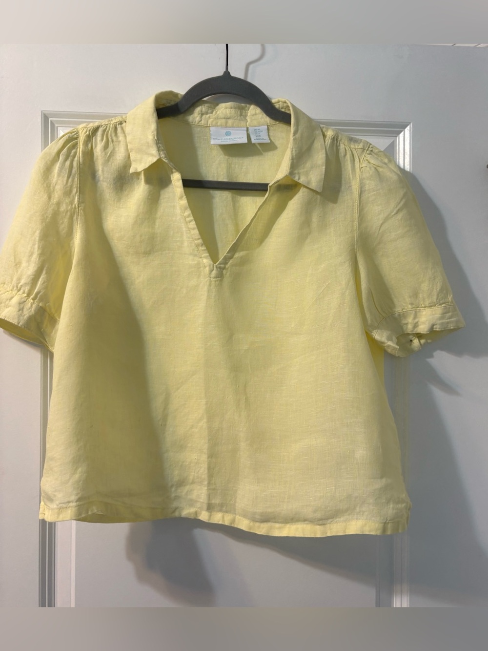 Cynthia Rowley 100% Linen Butter Yellow Collared Popover Blouse Size M